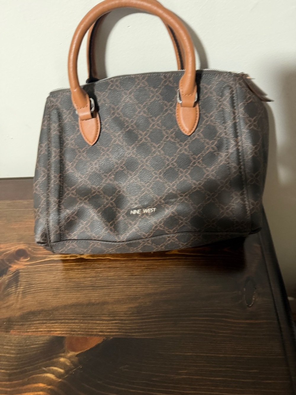 Nine West Brown Monogram Satchel with Tan Handles